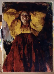 Kobieta w kolorze żółtym. Portret radosnej kobiety w tradycyjnym stroju, trzymającej ręce za głową. Obraz Filipp Andreevich Maliavin (Maliavine) (lub Andreyevich Malyavin) (1869-1940), olej na płótnie