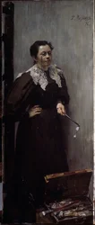 Portret artysty Anna Ostroumova Lebedeva (Ostroumova-Lebedeva) (1871-1955) (Portret artysty A. Ostroumowej). Reprezentowała stojąca za sprzętem do malowania, z lornetką na nosie i kolejną parą w dłoni. Obraz Filippa And