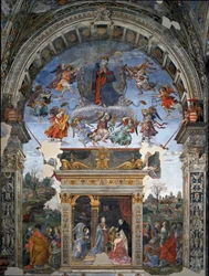 Wniebowzięcie Najświętszej Maryi Panny i poniżej św. Tomasz z Akwinu, który przedstawia kardynałowi Marii Oliviero Carafa Fresk autorstwa Filipińczyka Lippi (1457-1504) 1488-1492 Rzym, kościół Santa Maria sopra Minerva, kaplica Carafa Włochy