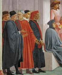 Mężczyźni w średniowiecznych strojach, fragment z Wskrzeszenia syna Teofila, Tommaso Masaccio, fresk