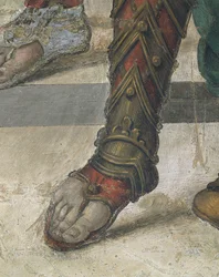 Święty Filip prowadzący smoka ze świątyni Hieropolis autorstwa Filippino Lippi, detal obuwia, fresk