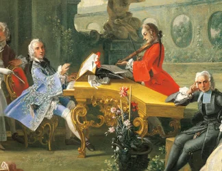 Koncert w ogrodzie, ok. 1750, Filippo Falciatore (czynny 1737-1768), olej na płótnie, 75,8 x102 cm. Szczegół. Włochy