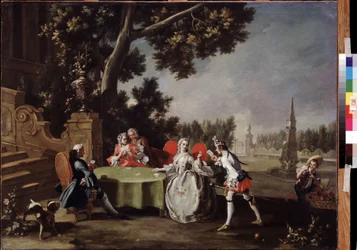""The Card Party"" Grupa włoskich szlachciców grających w karty w ogrodzie. Obraz Filippo Falciatore (1718-1768) XVIII-wieczne Muzeum Puszkina, Moskwa