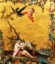 Leda i łabędź, Filippo Falciatore (czynny w latach 1737-1768), olej na desce.