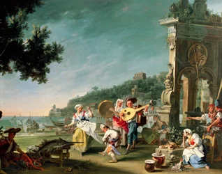 Tarantella in Margellina, ok. 1750, autorstwa Filippo Falciatore (czynny 1737-1768), olej na płótnie, 76,2 x 102 cm. Włochy