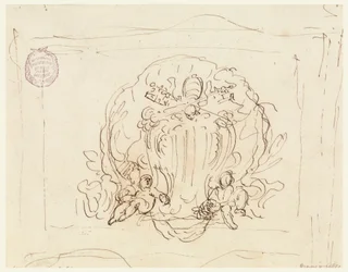 Rysunek, tablica z herbem papieża Benedykta XIV na tle muszli, 1740-58