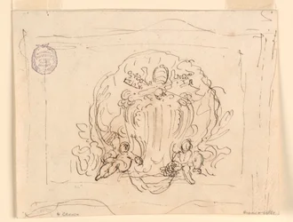 Rysunek, tablica z herbem papieża Benedykta XIV na tle muszli, 1740-58