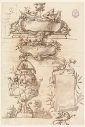 Rysunek, dwa rozety, dekoracyjny wazon i zwój, 1750-75