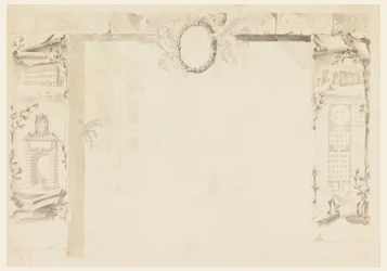 Rysunek, niedokończony projekt arkusza pamiątkowego odnoszącego się do wzniesienia fabryki papieskiej (Magazins of Annona), 1760-69