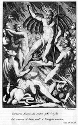 Ilustracja przedstawiająca scenę „The Jerusalem Delivree” Torquato Tasso (znanego jako Kubek). "" Tartarei Numi, aby siedzieć bardziej godnie nad Słońcem ... "" Canto IV. Ilustracja Filippo PISTRACCI (1782-1859).