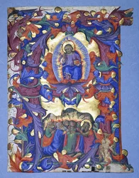 Duża historyczna litera „A” z przedstawieniem Wniebowstąpienia, ok. 1450