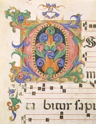 Mszał 515 f.123r Inicjał „O” zdobiony liśćmi i fantastycznymi ptakami, fragment Księgi Chóralnej sporządzony przed 1449 r. (welum)