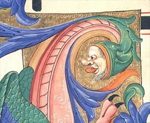 Mszał 515 f.73v Liście zoomorficzne przedstawiające męską głowę pociągającą za twarz, detal z dekoracji historycznego inicjału z księgi chórów wykonanej przed 1449 r. (vellum)