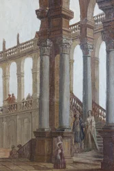Malarstwo architektoniczne, olej na drewnie, okiennice okien salonu, apartament królowej, rezydencja myśliwska, Filippo Juvarra (1678-1736), Stupinigi, Piemont, Włochy