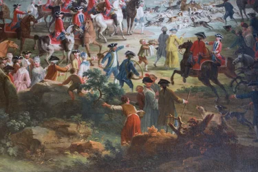 Polowanie na jelenie, Vittorio Amedeo Cignaroli (1730-1800), olej na płótnie, sala giermków, rezydencja myśliwska, Filippo Juvarra (1678-1736), Stupinigi, Piemont, Włochy