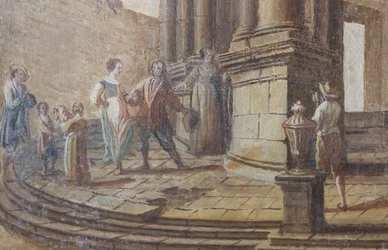 Scena rodzajowa, olej na drewnie, fragment okiennic salonu, apartament królowej, rezydencja myśliwska, autor: Filippo Juvarra (1678-1736), Stupinigi, Piemont, Włochy
