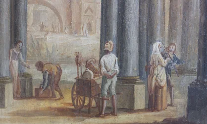Scena rodzajowa, olej na drewnie, fragment okiennic salonu, mieszkanie królowej, rezydencja myśliwska, Filippo Juvarra (1678-1736), Stupinigi, Piemont, Włochy