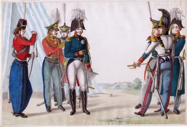 Alexandre Ier, tsar de Russie (1777-1825) - Car Aleksander I i oficerowie rosyjscy - Finert (Finart), Noel Dieudonne (1797-1852) - 1815 - Akwarela na papierze - 23,3x34,5 - Kolekcja prywatna