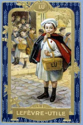Reklama pliku cookie „”Lefèvre-Użyteczne: Lu”” (uczeń). sd. Chromolitografia XIX w. na podstawie oryginalnego rysunku Firmina Bouisseta.