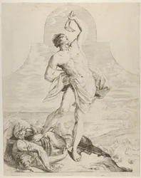Samson trzymający żuchwę osła nad głową i stojący obok Philis..., ca. 1640-60.