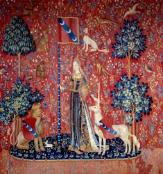 Młoda kobieta otoczona lwem, jednorożcem, małpą i królikami - Tapiseria z wełny i jedwabiu wykonana między 1484 a 1500 rokiem. Z zamku Boussac w Creuse. Wymiary: 3,7 x 4,7 m - Paryż, Narodowe Muzeum Średniowiecza, termy Cluny - Alegoria dotyku (Dotyk)
