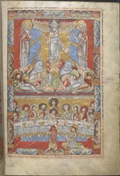 Dodać. 17738, f.4 Całostronicowa miniatura w dwóch rejestrach, Przemienienia Pańskiego i Ostatniej Wieczerzy, ilustracje z „Biblii Floreffe”, Dolina Mozy, ok. 1155 (tusz i kolor i złoto na welinie)