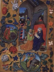 Dodaj Ms 17280 fol.197b Adoracja Trzech Króli, z flamandzkiego Księgi Godzin, Brugia (welum)