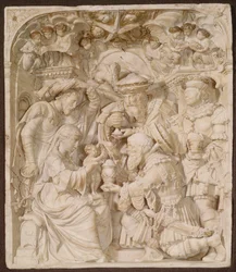 Pokłon Trzech Króli, alabaster i malowany złocony relief, flamandzki, inskrypcja `AH, ok. 1540