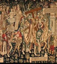 Katedra (Seo. Katedra Zbawiciela Saragossy). Muzeum Gobelinów. Flamandzki gobelin. Legenda o Świętym Krzyżu (Legenda o Świętym Krzyżu, o legendzie o Świętym Krzyżu). Szczegół. Około. 1450. 430x1120cm.