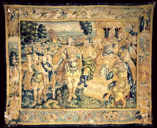 Katedra. Wnętrze. Flamandzki gobelin. Historia Judasza Machabeusza (?). Pochodzenie Oudenaarde. Niezidentyfikowane znaki tuż poniżej. Około 1575-1610.