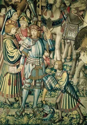 Szczegół przedstawiający uzbrojonego Uriasza Hetytę ze zbioru Jeźdźcy, z arrasu Dawid i Batszeba, ok. 1510-15 (zob. też 98092)