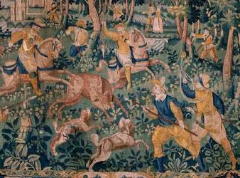 Flamandzki gobelin. Polowanie na jelenie (Polowanie na jelenie). Atelier Oudenaarde. 295x331cm. Inw. (82941)-1 / PRYWATNE. XVII wiek.