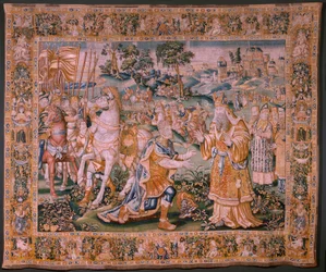 Flamandzki gobelin. Aleksander przed arcykapłanem Iaddo (Aleksander przed arcykapłanem Iaddo). Atelier Oudenaarde. 374x447cm. Inv(830-B)4 00010. XVII wiek.