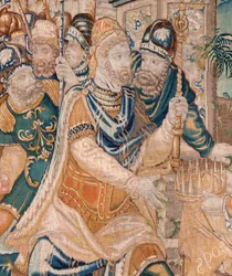 Flamandzki gobelin. Aleksander otrzymuje koronę (Aleksander otrzymuje koronę). Atelier Oudenaarde. 384x316cm. Inw (83024)-5 / 00009. XVII wiek.