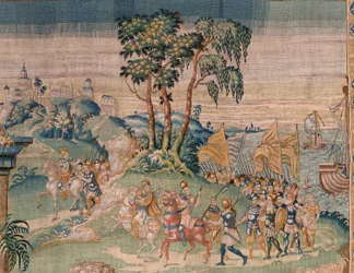 Flamandzki gobelin. Aleksander otrzymuje koronę (Aleksander otrzymuje koronę). Atelier Oudenaarde. 384x316cm. Inw (83024)-5 / 00009. XVII wiek.
