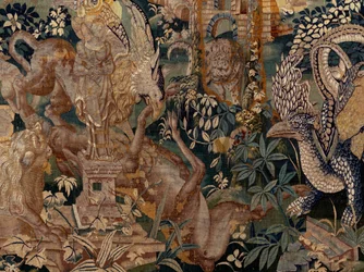 Flamandzki gobelin. Krajobraz z pergolą i dużymi bestiami, z 2 kolumnami. Atelier Oudenaarde. 319x508cm. Inw 0023. XVII wiek.
