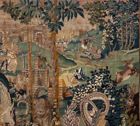 Flamandzki gobelin. Krajobraz z pergolą i dużymi bestiami, z 2 kolumnami. Atelier Oudenaarde. 319x508cm. Inw 0023. XVII wiek.