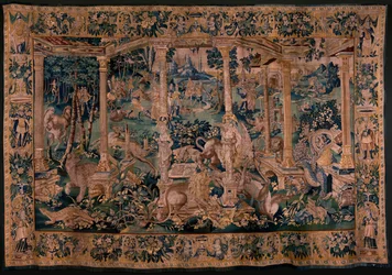 Flamandzki gobelin. Krajobraz z pergolą i dużymi zwierzętami. Wersja z obszerną pergolą. Atelier Oudenaarde. 340x498cm. Inw 00023. XVII wiek.