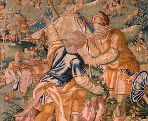 Flamandzki gobelin. Obóz wojskowy w pobliżu rzeki Granikos. Atelier Oudenaarde. 377x393cm. Inw 83104-9 /00011. XVII wiek.