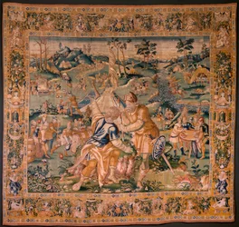 Flamandzki gobelin. Obóz wojskowy w pobliżu rzeki Granikos. Atelier Oudenaarde. 377x393cm. Inw 83104-9 /00011. XVII wiek.