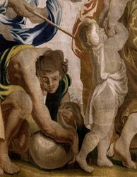 Flamandzki gobelin. Seria Apoteoza Eucharystii. Zbieranie manny (Recogida del maná). Model Cartoon skopiowany z oryginału przez Rubensa. Produkcja brukselska. Producent Frans van den Hecke. Połowa XVII wieku. Tkanina Jedwab i wełna, 7/8 osnowy na cm.
