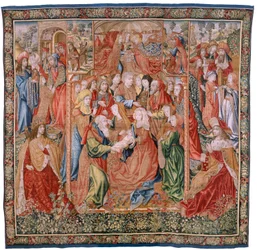 Flamandzki gobelin. Odcinki serialu z życia Dziewicy; Prezentacja w świątyni (Presentación en el Templo). Drugi gobelin w serii. Modele przypisane Janowi van Roome (lub van Brussel). Manufaktura Pieter van Aelst, Bruksela. ok. 1502-1504.