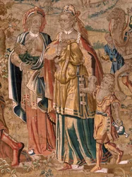 Flamandzki gobelin. Seria Ezaw i . Spotkanie Jakuba z Ezawem (Encuentro entre Jacob y Esaú). Trzeci gobelin w serii. Manufaktura holenderska, druga połowa XVI wieku. Tkanina Wełna. Lokalizacja Kościół św. Mikołaja z Bari (muzeum otwarte