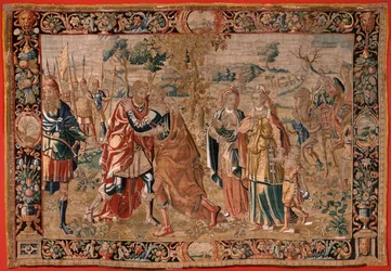 Flamandzki gobelin. Seria Ezaw i . Spotkanie Jakuba z Ezawem (Encuentro entre Jacob y Esaú). Trzeci gobelin w serii. Manufaktura holenderska, druga połowa XVI wieku. Tkanina Wełna. Lokalizacja Kościół św. Mikołaja z Bari (muzeum otwarte