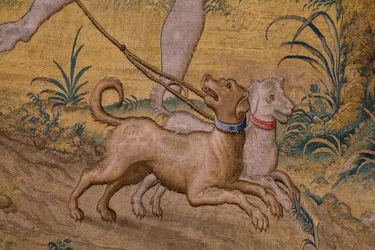 Flamandzki gobelin. Seria Bajka Owidiusza: Grabież Ganimedesa. Atelier Willem de Pannemaker, Bruksela. Przed 1556. Szczegóły.