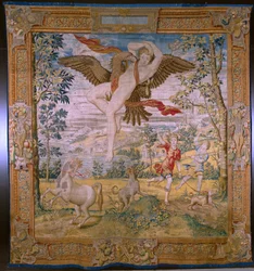 Flamandzki gobelin. Seria Bajka Owidiusza: Grabież Ganimedesa. Atelier Willem de Pannemaker, Bruksela. Przed 1556 rokiem.
