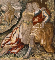 Flamandzki gobelin. Seria galanteria (Galante). Para z muzykiem (Pareja con músico). Manufaktura Bruksela, początek XVII wieku. Tkanina Jedwab i wełna, 5/6 osnów na cm. Rozmiar 348 x 263 cm. Lokalizacja Kościół San Millán de la Cogolla, Oncala (Soria). Poc