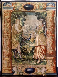 Flamandzki gobelin. Seria galanteria (Galante). Scena szarmancka (Escena galante). Manufaktura Bruksela, początek XVII wieku. Tkanina Jedwab i wełna, 5/6 osnów na cm. Rozmiar 348 x 263 cm. Lokalizacja Kościół San Millán de la Cogolla, Oncala (Soria). Pocho