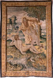 Flamandzki gobelin. Seria Genesis lub The Creation Man. Bóg stwarza kobietę i przedstawia ją Adamowi (Dios crea a la mujer y la presenta a Adán). Model oparty na Michielu Coxcie. Fabryka Jan Aerst w Brukseli. Około 1630. Tkanina Jedwab i wełna.