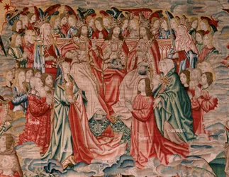Flamandzki gobelin. Seria Ludzkie odkupienie lub występki i cnoty. Chrystus wstępuje do nieba, a człowiek zostaje odkupiony przed Bogiem (Cristo asciende al Cielo y el Hombre se redime ante Dios). Dziewiąty gobelin z serii (czwarty z tych przechowywanych w